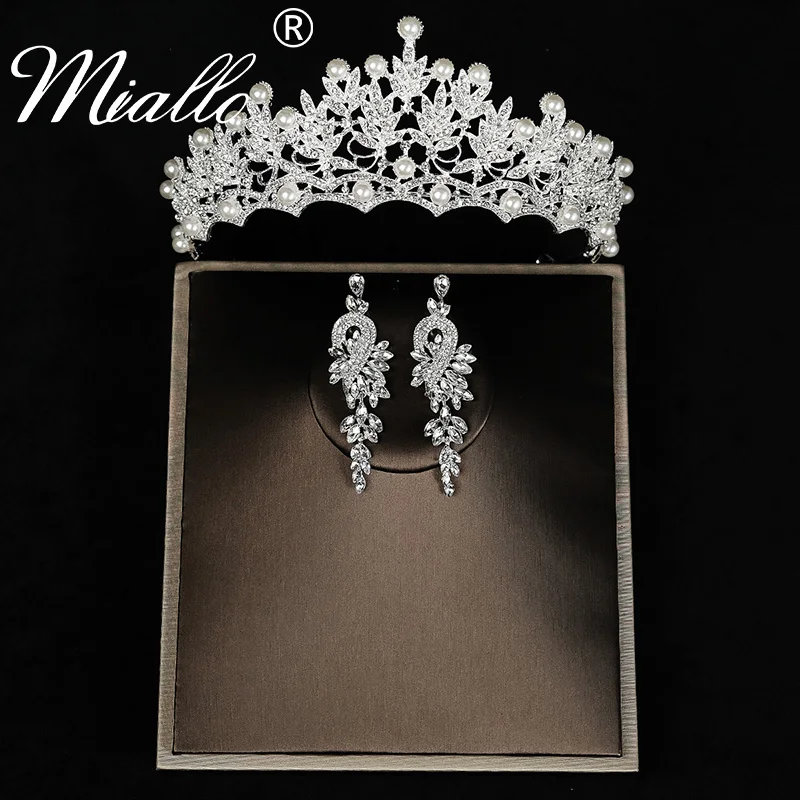 

Baroque Costume Bridal Jewelry Sets Rhinestone Crystal Tiara Pearl Crown Earrings Wedding Bride Luxury Jewelry Set Party Gift