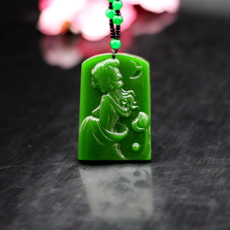 

Natural Hetian Green Jade Beauty Pendant Necklace Hand-Carved Chinese Jadeite Fashion Charm Jewelry Amulet Gifts for Women Men