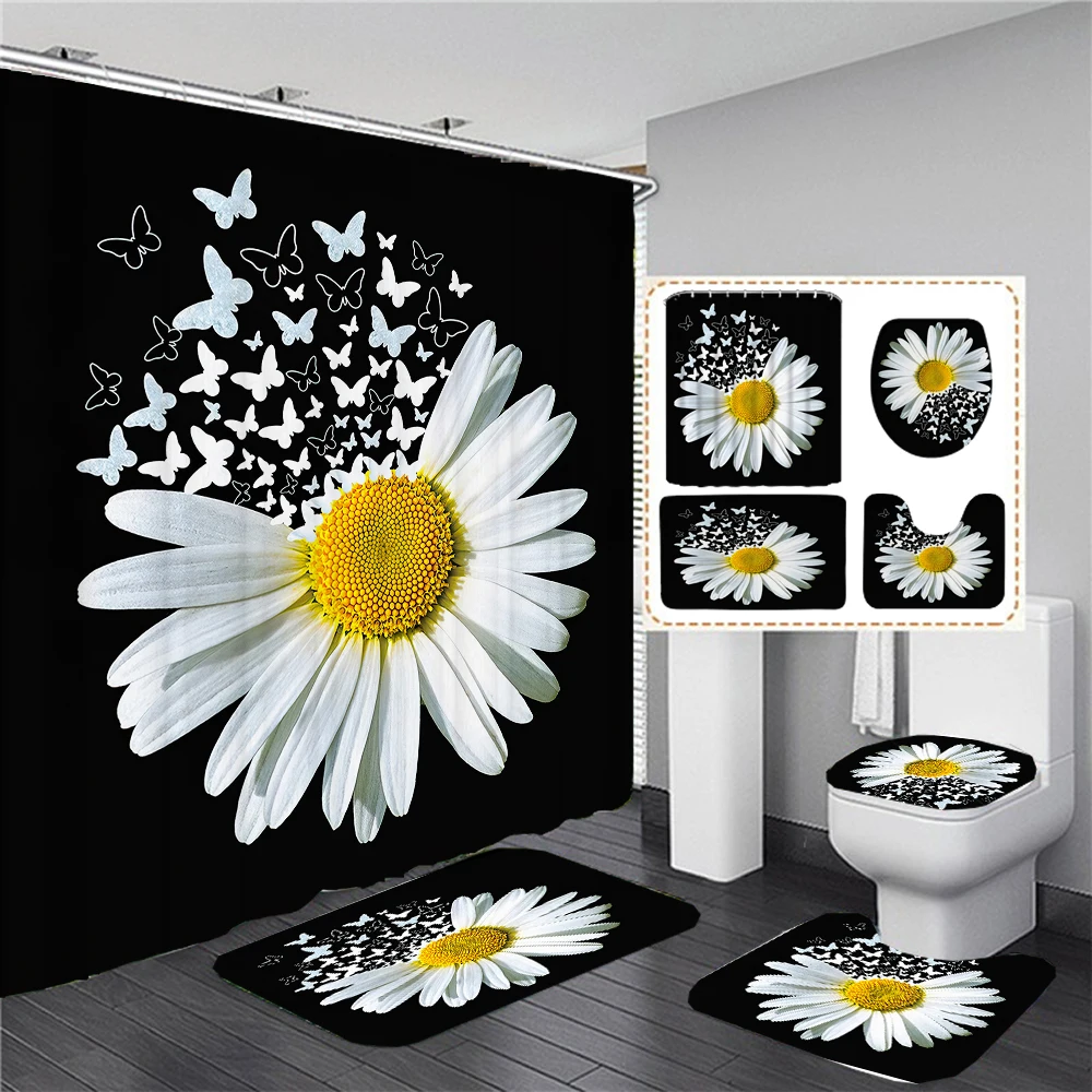 

White Butterfly Flower Shower Curtain Set Bath Mats Rugs Toilet Cover Non-slip Carpet Bathtub Curtains Sunflower Bathroom Decor