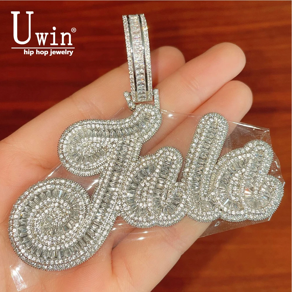 Uwin Custom CURSIVE Name Necklace Baguette Pendant Letters Customized  Full Iced Out For Men HipHop Jewelry Gift