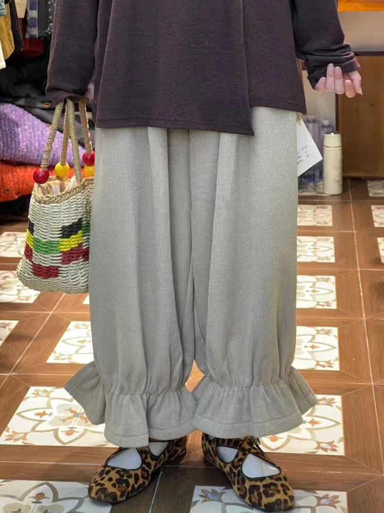 Plus Size Fleece-lined 2024 Winter Japan fashion Retro Wooden Ear Bud-Shaped Pants Women Artistic Casual Loose Meat Covering ...