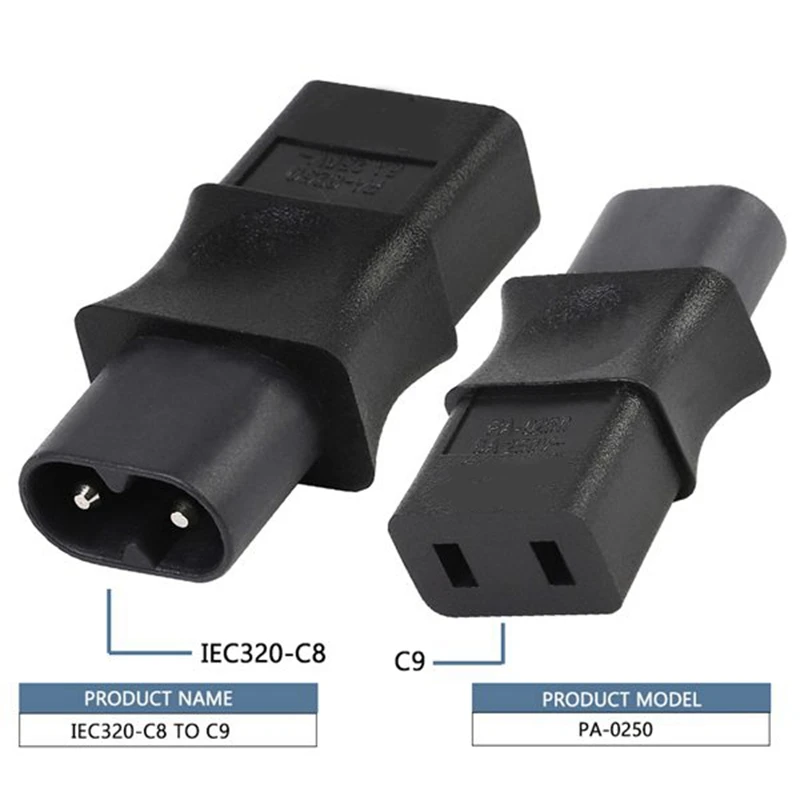 2PCS 2-Pin Iec 320 C8 Male To C9 Female Ac Adapter 6A/250V Industrial Power Converter