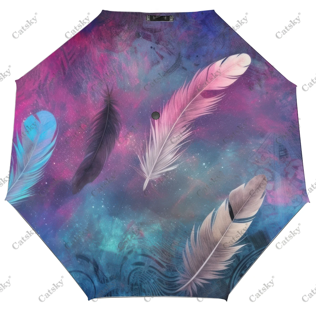 

Colorful Painting of Feathers Folding Umbrella Automatic Open & Close Travel Umbrella Compact Lightweight Windproof Umbrellas