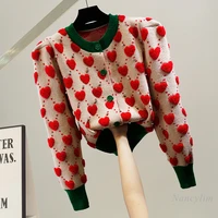 beaded love jacquard cardigan woman color matching puff sleeve sweater coat fashion ladies slimming top spring autumn 2022