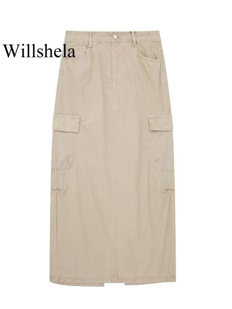 

Willshela Women Fashion With Pockets Khaki Front Zipper Back Slit Cargo Midi Skirt Vintage High Waist Female Chic Lady Skirts