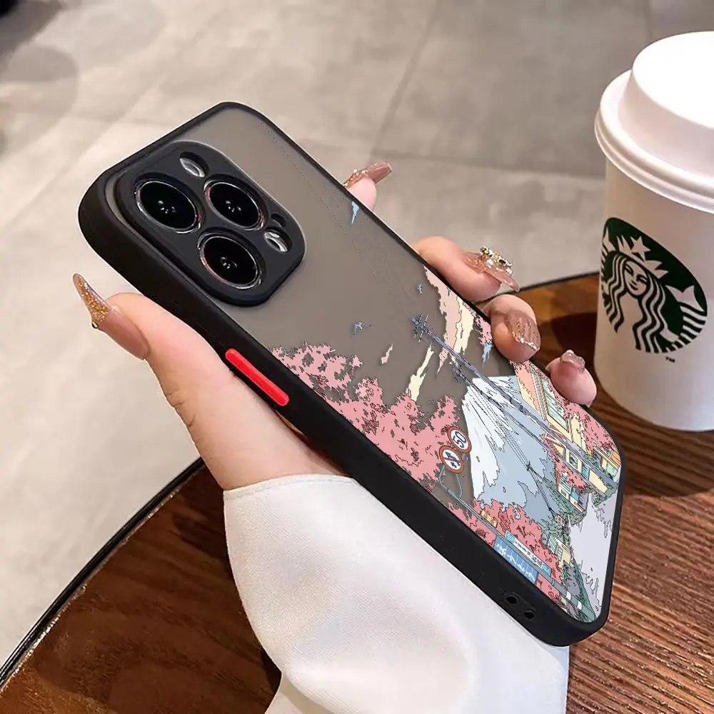 Japan Anime Hand Painted House Scenery Matte Case for iPhone Apple 14 13 11 12 MINI Pro XS Max XR X 7 8 SE 6 6S Plus Case Shell