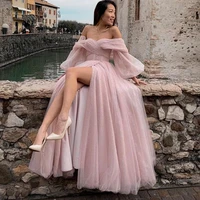 eeqasn pink shiny tulle prom dresses off the shoulder long puff sleeve evening party gowns 2022 slit women arabia wedding dress