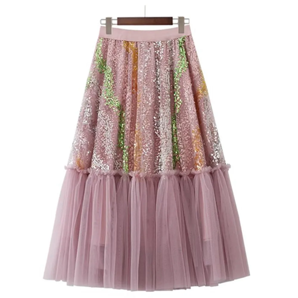 

Женская Тюлевая юбка-пачка средней длины, розовая винтажная плиссированная трапециевидная юбка с высокой талией и блестками в Корейском стиле