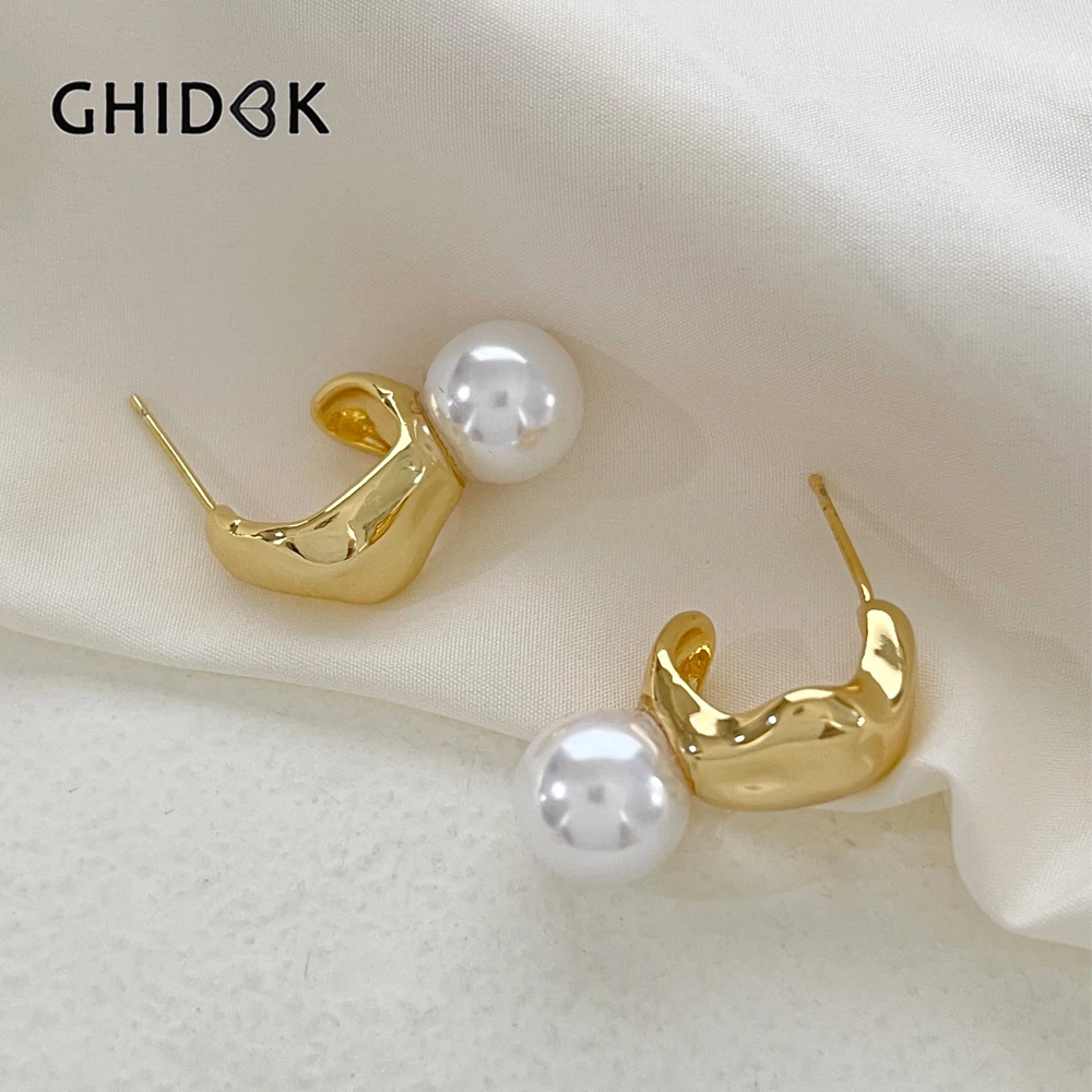 

GHIDBK 2023 New Trendy Gold Silver Plated Irregular Thick Hoop Earrings with Faux Pearl Dainty Wedding Bridesmaid Jewellery