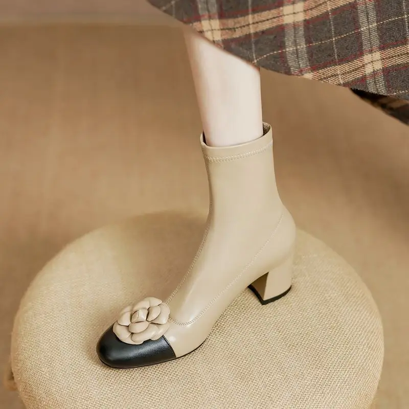 

Size 34-40 Flower Design Elastic Material + Genuine Leather High Heel Women Boots Fashion Autumn Winter Party Shoes Ankle Boots