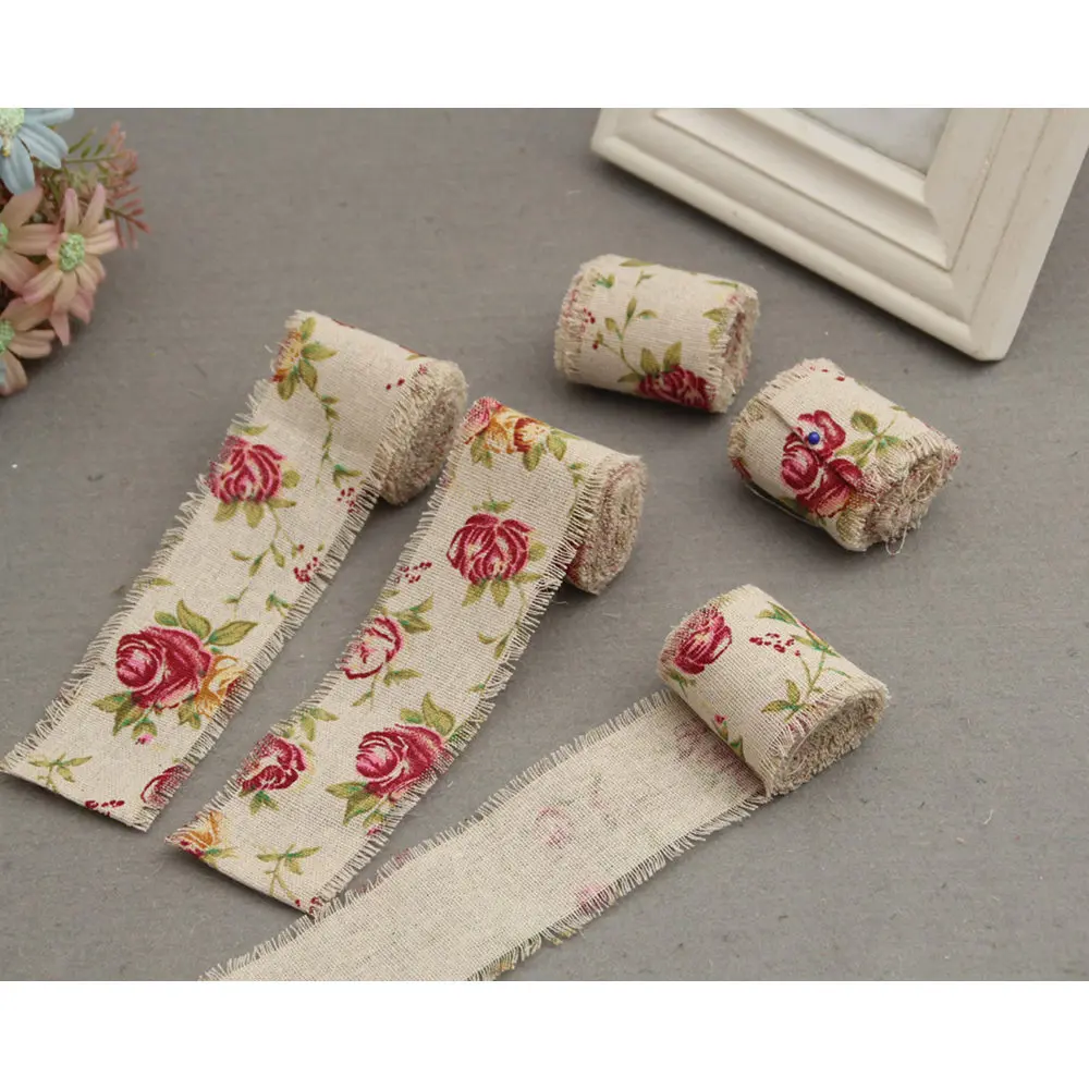 1 шт. натурального джута Барлеп Гессе лентой с цветочным принтом деревенский