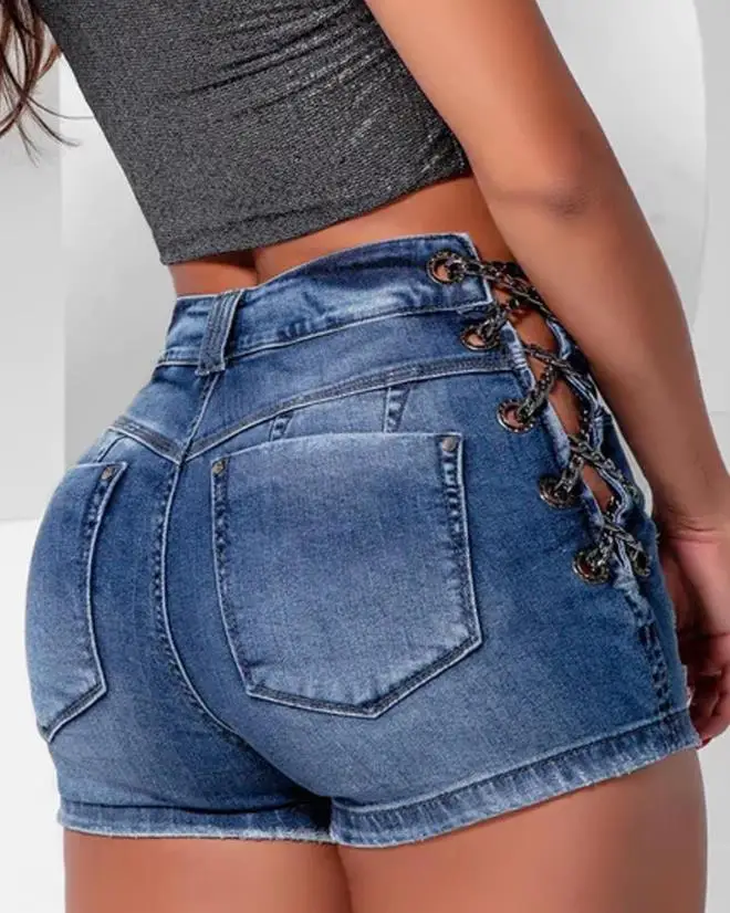 

Women's Grommet Eyelet Chain Lace-Up Ripped Denim Shorts 2023 Summer Personality Fashion Female High Waist Skinny Short Jeans