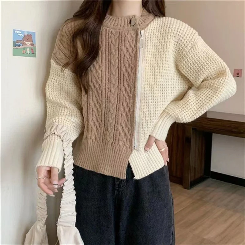 

Hsa 2023 новый простой свободный свитер осень-зима с контрастными вставками вязаный кардиган на молнии пальто