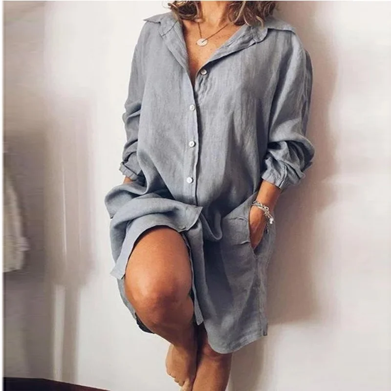 

Cotton Linen Sundress 2022 Autumn Lapel Neck Long Sleeve Shirt Dress Women Elegant Buttons Work OL Vestido Female Solid Blusas