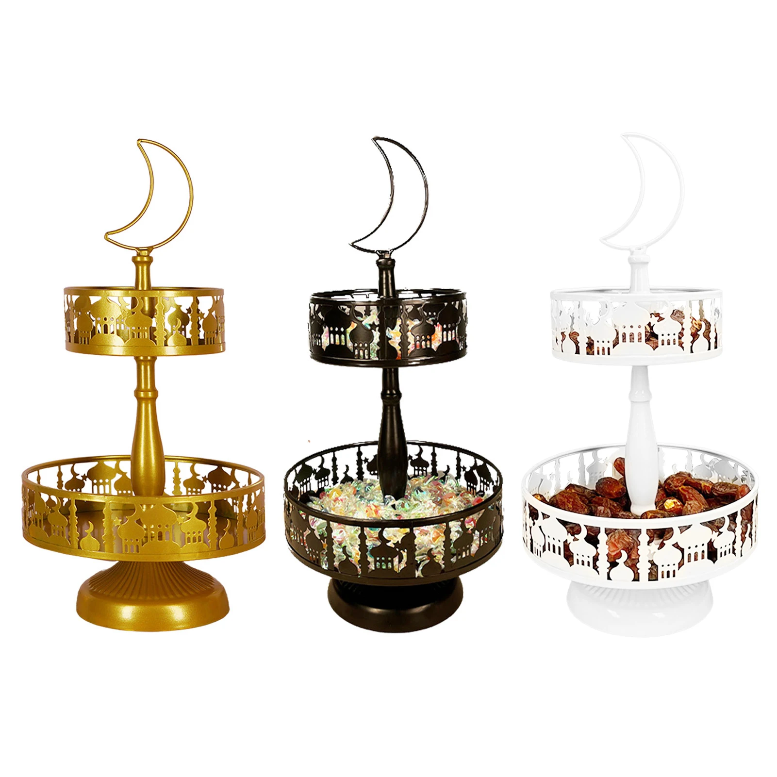 

Eid Mubarak Plates Fruits Basket Metal 2-layer Food Tray With Moon Topper Islam Mubarak Party Pastry Cupcake Biscuit Snack Tray