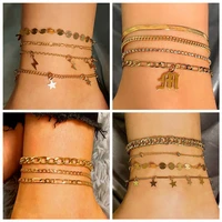 flatfoosie bohemia gold color stars anklets for women summer beach sandals metal link chain multilayer anklet bracelet jewelry
