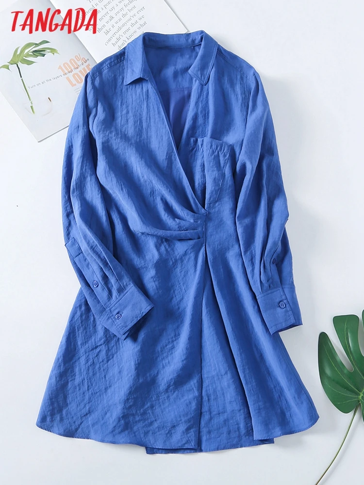 

Tangada 2022 Fashion Women Blue Pleated Shirt Dress Long Sleeve Office Ladies Mini Dress 6H36