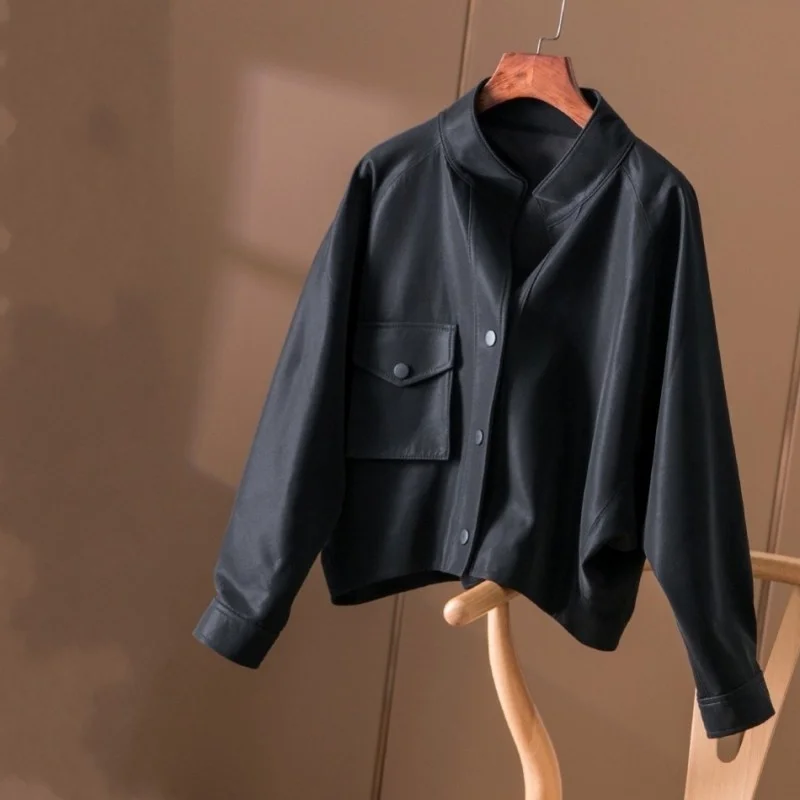 

Female cargo jacket, simple design, solid color, bat sleeve, lambskin collar, short casual leather jacket