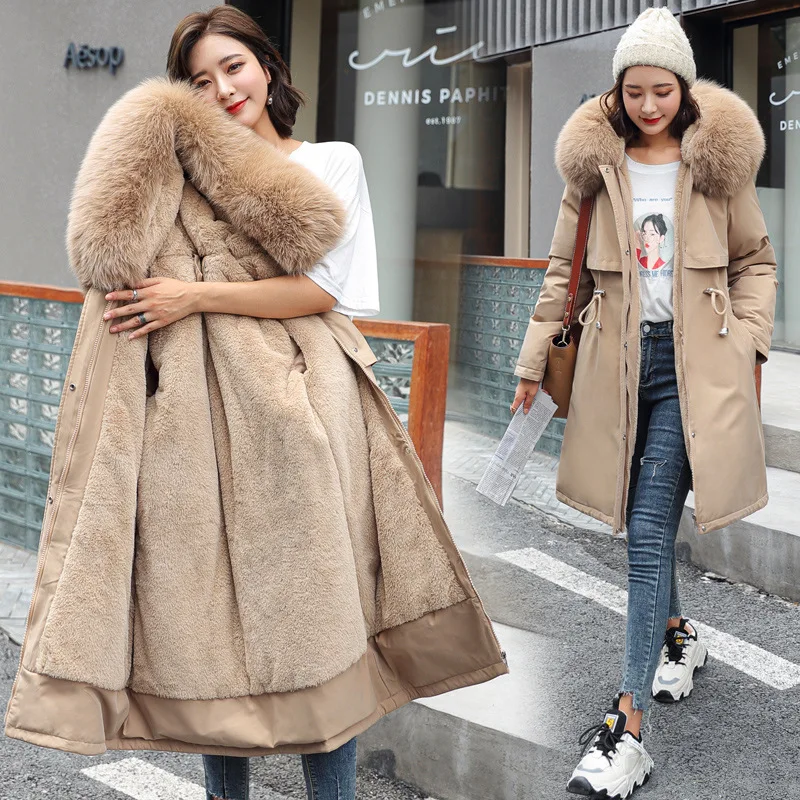 

2023 Winter New European and American Women's Mid Length Large Fur Collar Cotton Coat Fashion Jacket Down Cushion Cotton Coat