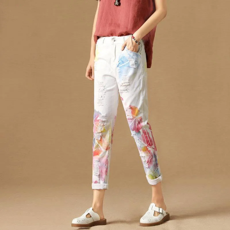 

Белые джинсы, винтажные джинсовые брюки до щиколотки с дырками, женские повседневные свободные шаровары, брюки, одежда