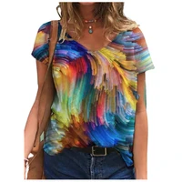 fashion colorful abstract painting print summer t shirt women casual v neck loose tops ladies plus size short sleeve tee shirts
