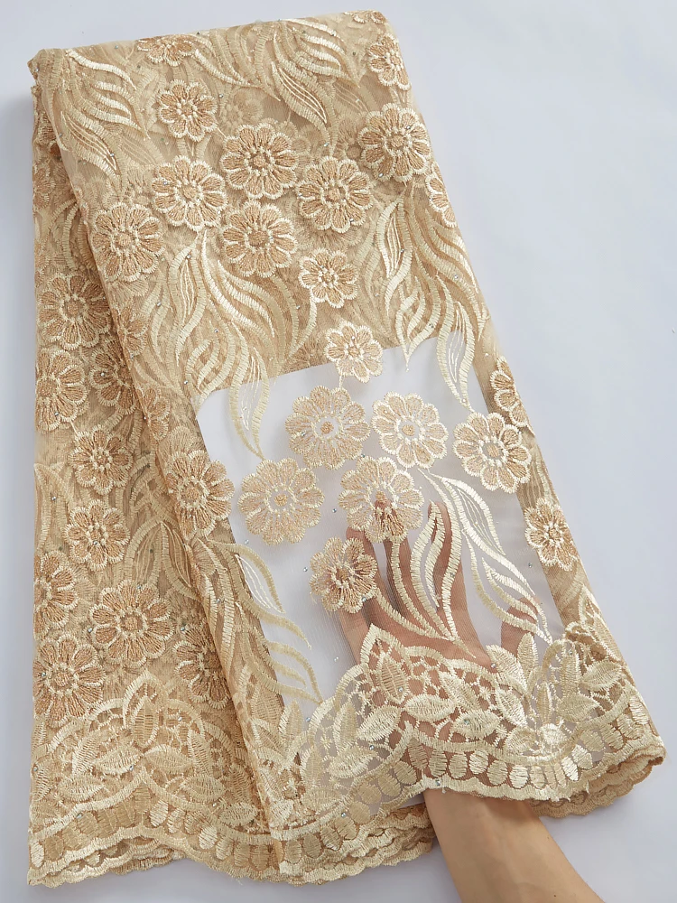 

Royal Gold African Lace Fabric 5 Yards 2022 High Quality Flower Embroidery French Tulle Nigerian Lace Fabrics For Wedding A2838