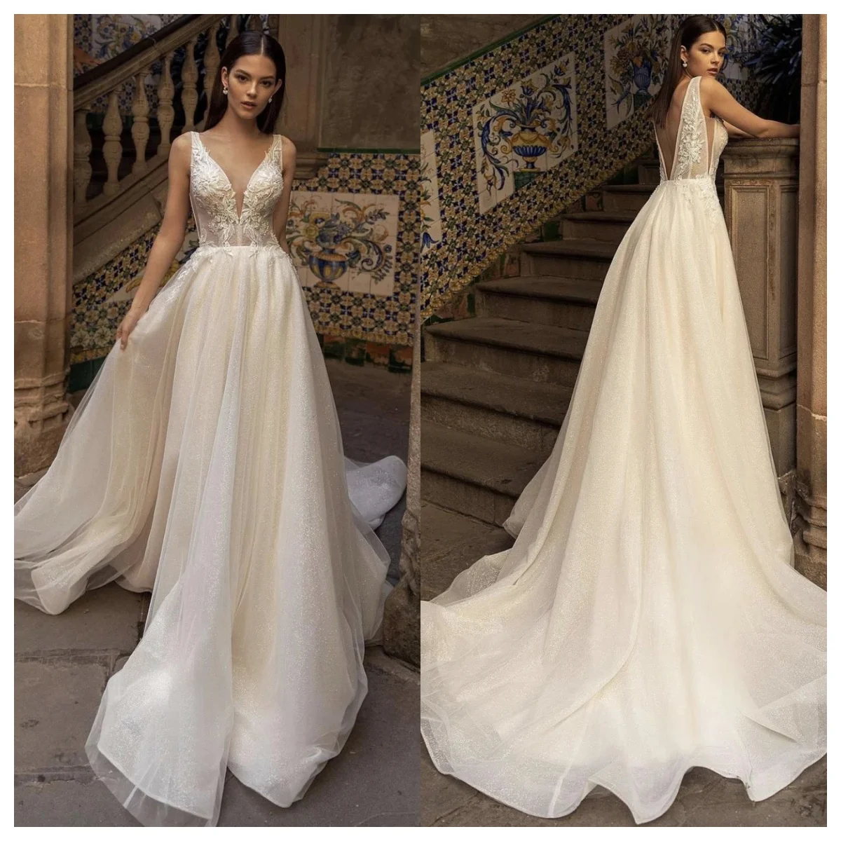 

Romantic A Line Weeding Dress Deep V Neck Glitter Tulle Lace Applique Sleeveless V Cut Sweep Train Bridal Gowns