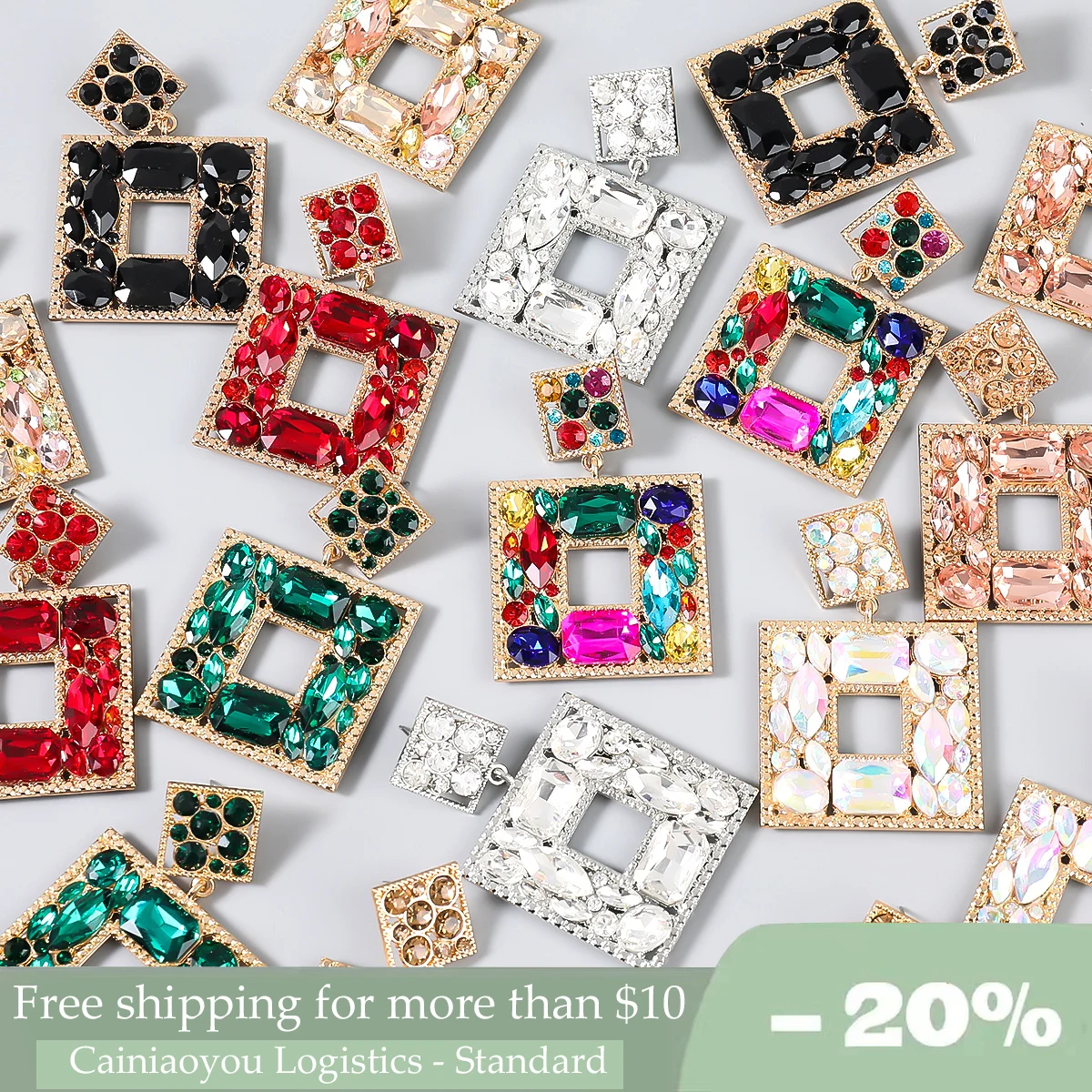 

New Colored Bright Rhinestone Square Pendants for Women's Dinner Earrings Wedding Fashion Statement Jewelry Accessories