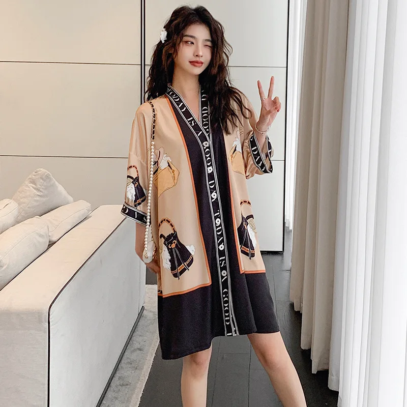 V-neck Stain Pajamas for Women Nightwear Silk Nightgown Five-point Sleeve Thin V-neck Cardigan Loose Sexy Sleepwear Night Gown