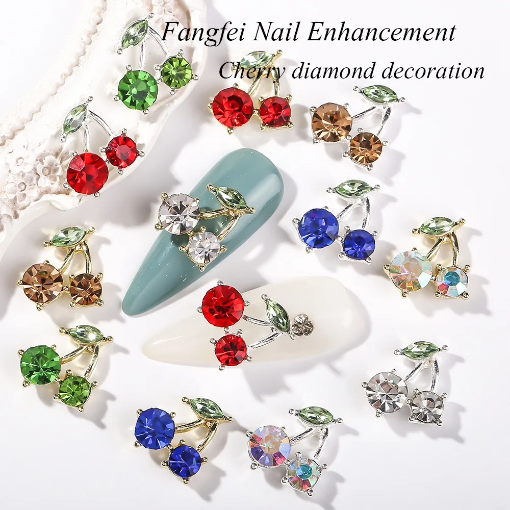 

10pcs 3D Cherry Nails Accessories Gold Silver Alloy Rhinestone For Nail Art Luxury Zircon Diamond Nail Deco Charms Jewelry Tools