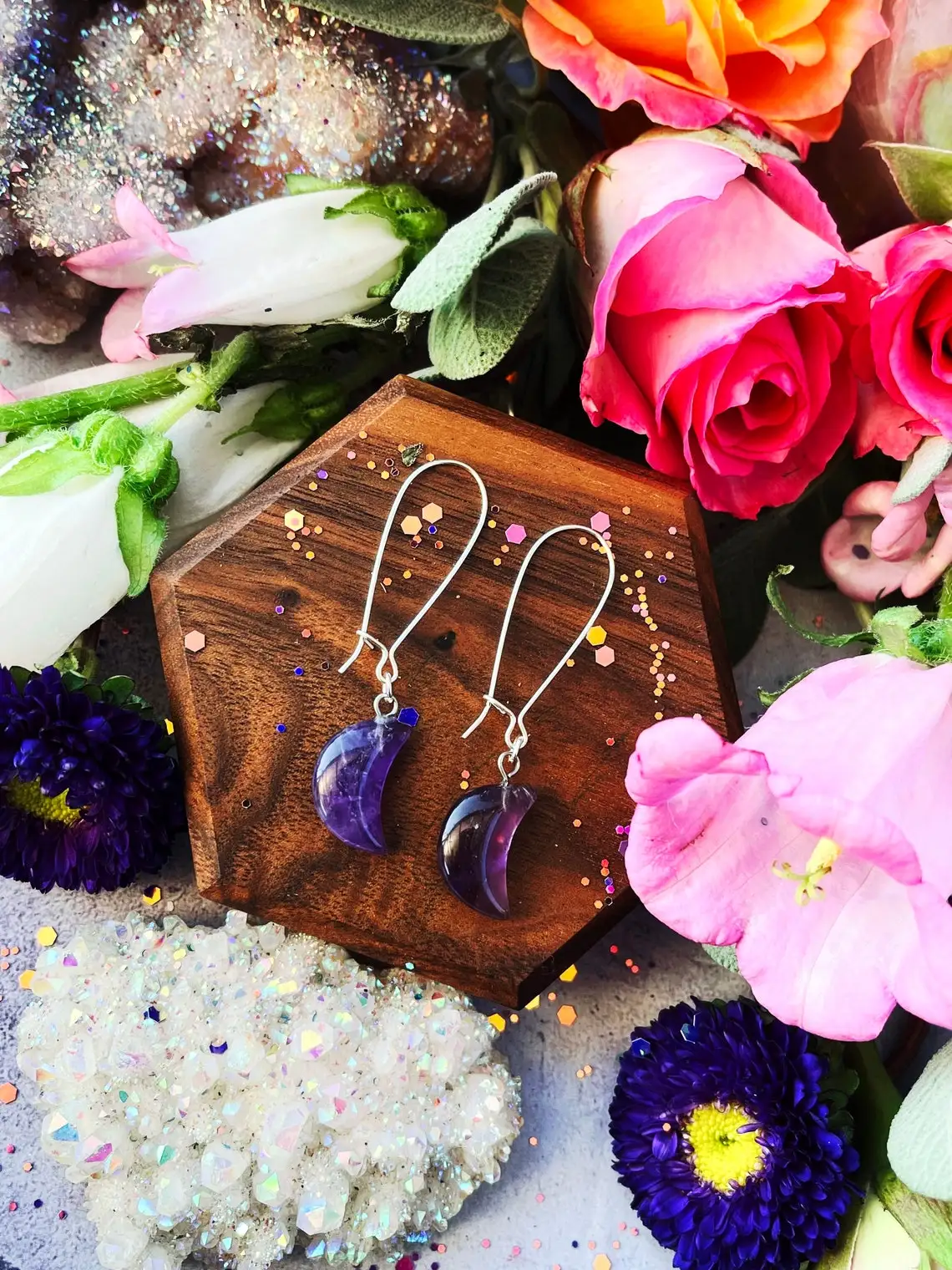 Rose Quartz Tigers Eye Quartz Crystal Amethyst Moon Earrings ~ Celestial earrings, witchcraft jewelry, witch earrings, crescent images - 6