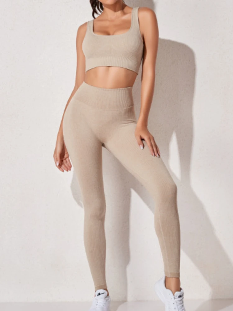 

Fitness 2 Piece Sets Women's Clothing Long Sleeve Tshirt Solid Tank Top Gym High Waist Leggings Sportswear Women Tracksuit 2022