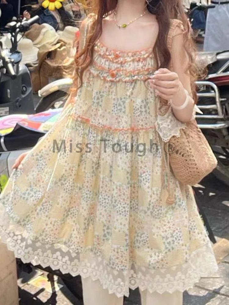 Летние цветочные корейские милые платья для женщин ТРАПЕЦИЕВИДНОЕ кружевное