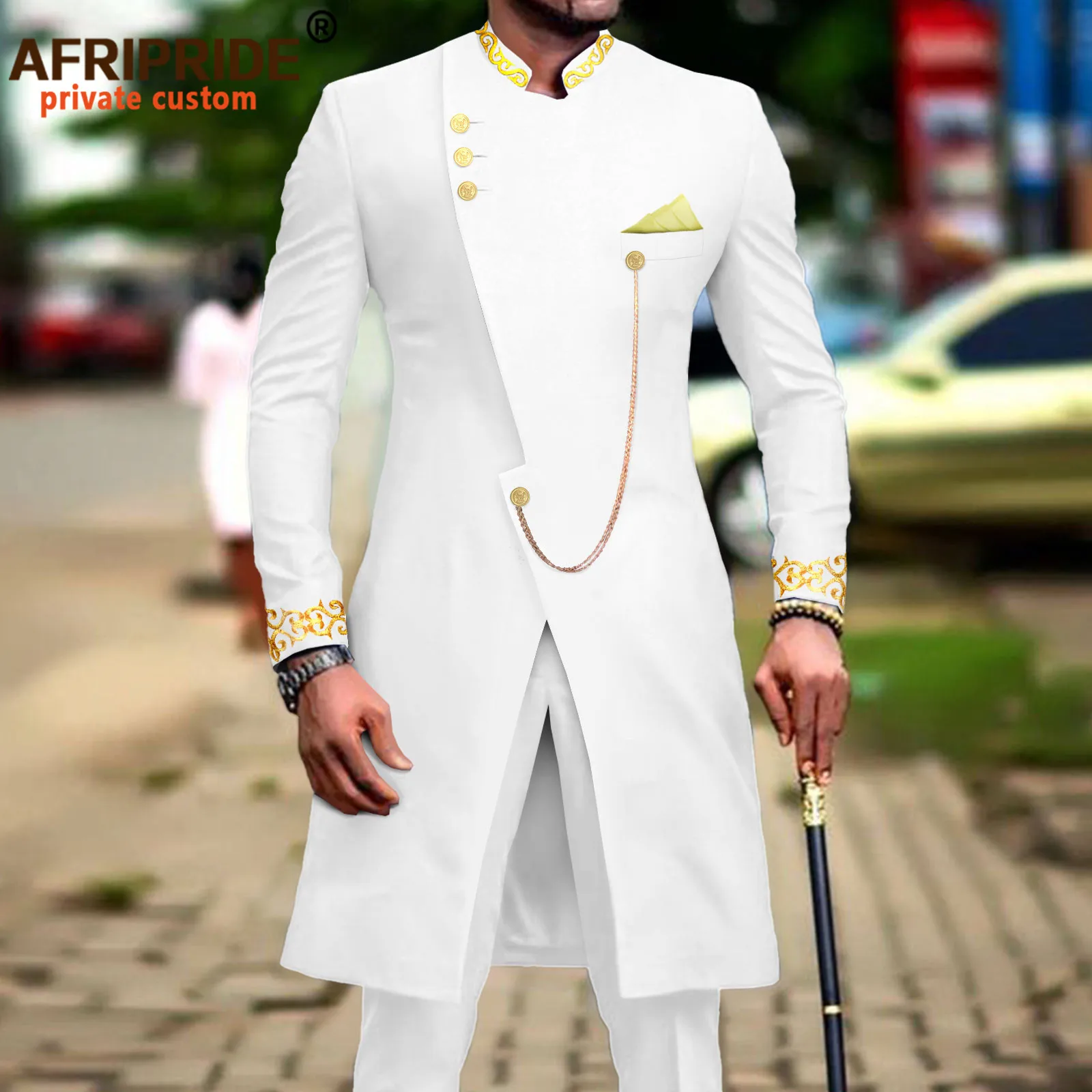 Traje africano para hombre Dashiki largo bordado, chaquetas y pantalones de 2 piezas con pañuelo, trajes formales de corte delgado para boda A2216037