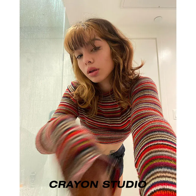

Sexy Crop Top Vintage Crew Neck Long Sleeve Striped Tshirt Y2k Gothic Shirts for Women Graphic T Shirts Fairy Grunge Tee
