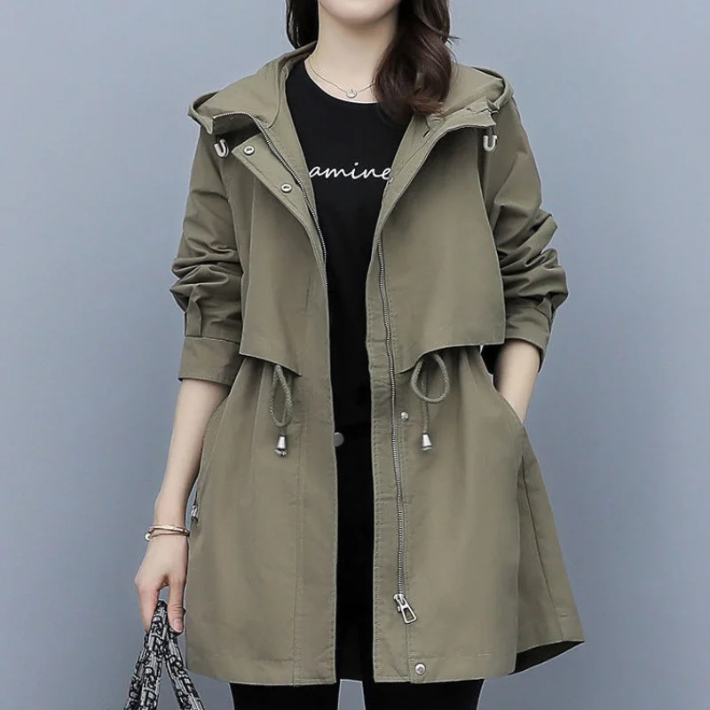 

Spring and Autumn 2022 Women's Mid-length Trench Coat Hooded Zipper Tie-in Jackets British Style Loose Coats Women's Clothing