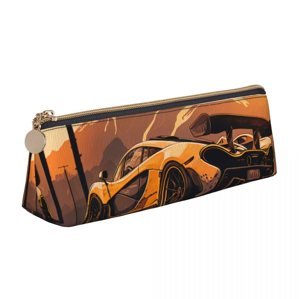 

Powerful Sports Car Leather Pencil Case Mountain Sun Retro Zipper Pencil Box Stationery Boy Girl Triangle Pen Bag