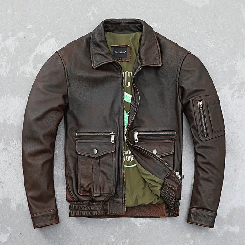 

Vintage Distressed Cowhide Leather Coat Red Brown Flight Suit Multi-Pocket Collar Jacket Trendy Men's Clothing
