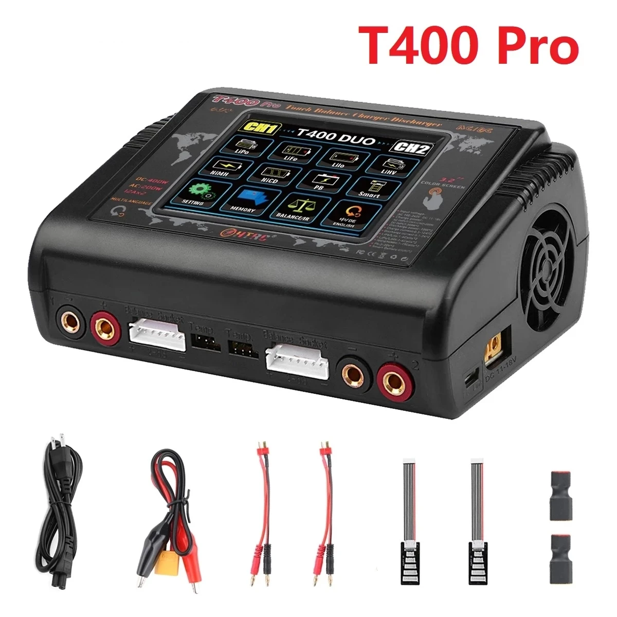 

T400 Pro Lipo Battery Charger DC 400W AC 200W 12Ax2 RC Toy Balance Charger For LiPo LiHV LiFe Lilon NiCd NiMh Pb Battery Charger