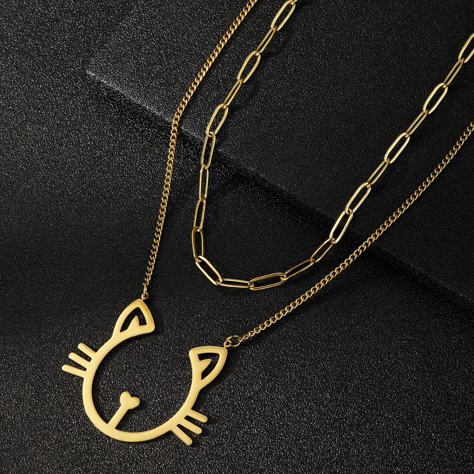 

Teamer Кулон из нержавеющей стали, многослойное ожерелье с открытой головой кошки для женщин, новое модное ожерелье с воротником в виде животн...