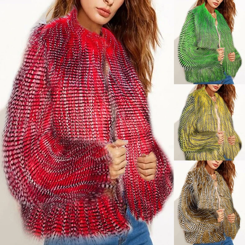 

Women's Faux Fur Peacock Coats Winter Casual Solid Fur Jacket Female Thick Warm Long Sleeve Plush Outerwear Short Overcoat