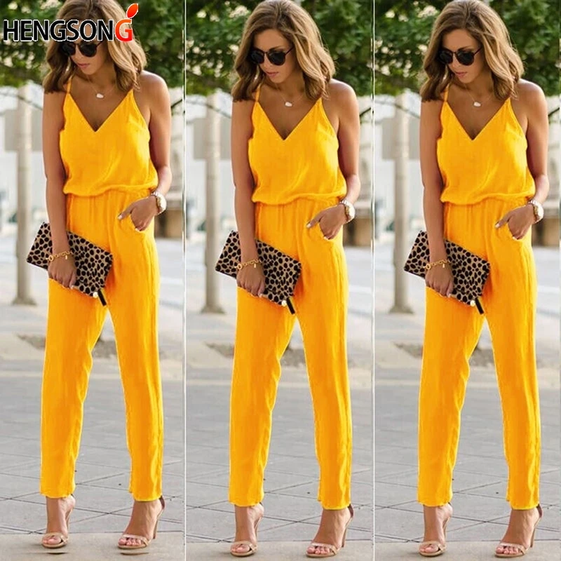 

Blue Yellow Women Summer Spaghetti Strap Jumpsuits New Beach Casual Sleeveless V Neck Rompers Female Streetwear Jumpsuits