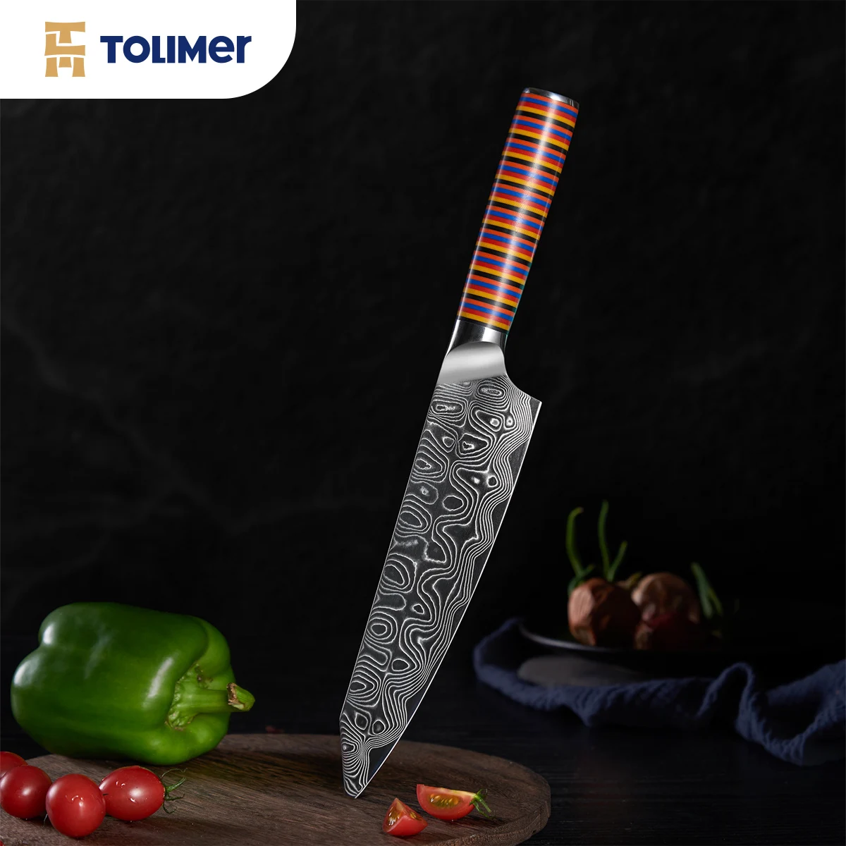 

TOLIMER 8-inch Damascus Kiritsuke Knife Rainbow G10 Handle Steak Vegetable Meat Kitchen Cutter Tools Chef Santoku Gyuto Knives