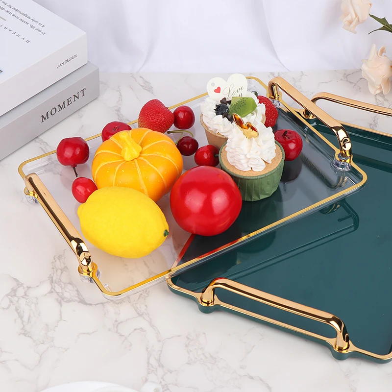 

Luxury Storage Tray Gold Handle Tray Living Room Kitchen Fruit Tea Cup Plastic Plate Household Cosmetic Storage Decorative Tray