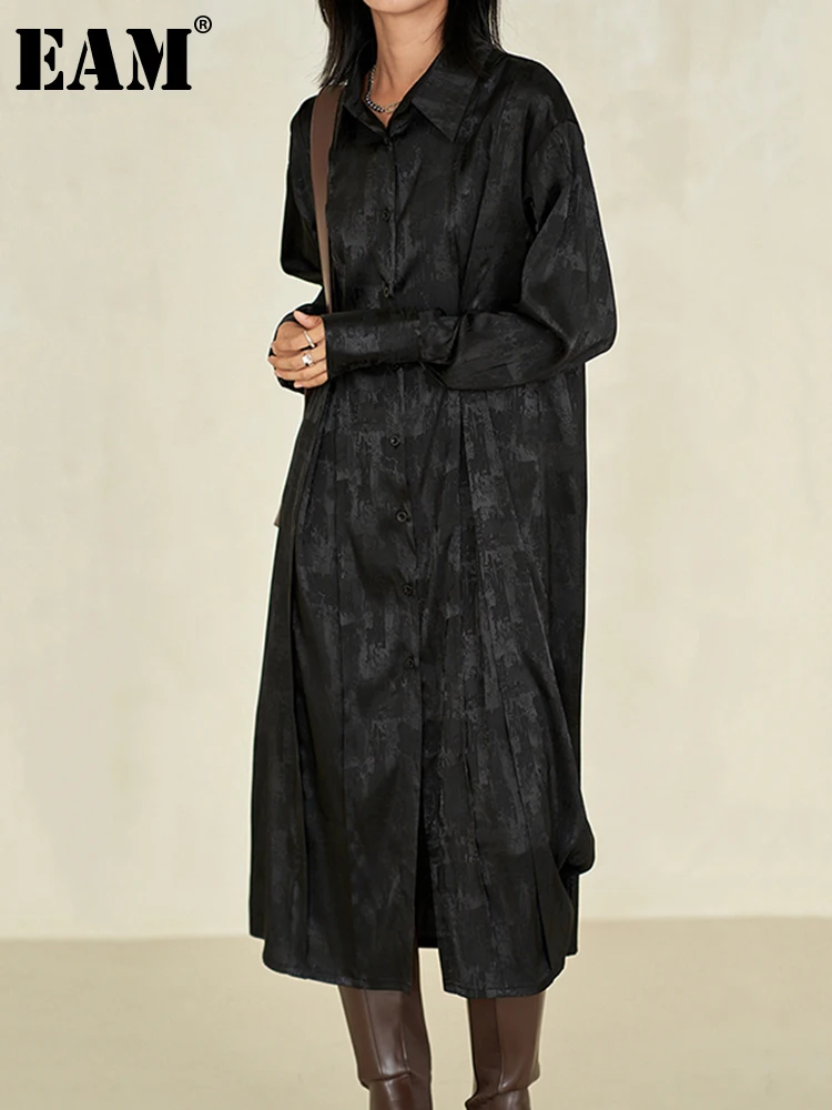 

[EAM] Women Black Pattern Printed Long Shirt Dress New Lapel Long Sleeve Loose Fit Fashion Tide Spring Autumn 2022 1DE3469