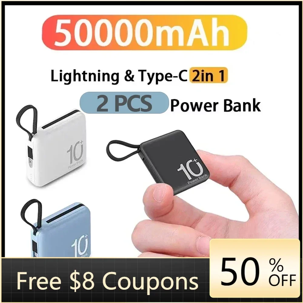 

2pcs Multicolored Power Bank 50000mAh Portable External Battery Pack Built in Cable Powerbanks Spare Battery For iPhone Samsung