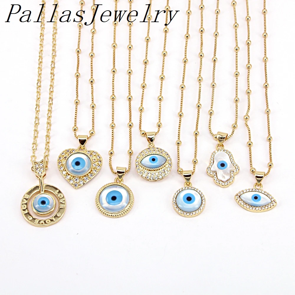 10Pcs Fashion Lucky Turkish Zircon Eyes Necklace for Women White Shell Eye Round Heart Pendant Necklaces Jewelry