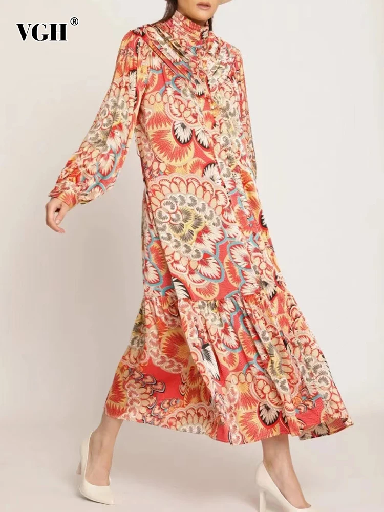 

VGH Vintage Print Colorblock Dress For Women Stand Collar Loose Long Sleeve Patchwork Sashes Dresses Female 2022 Spring Clothing