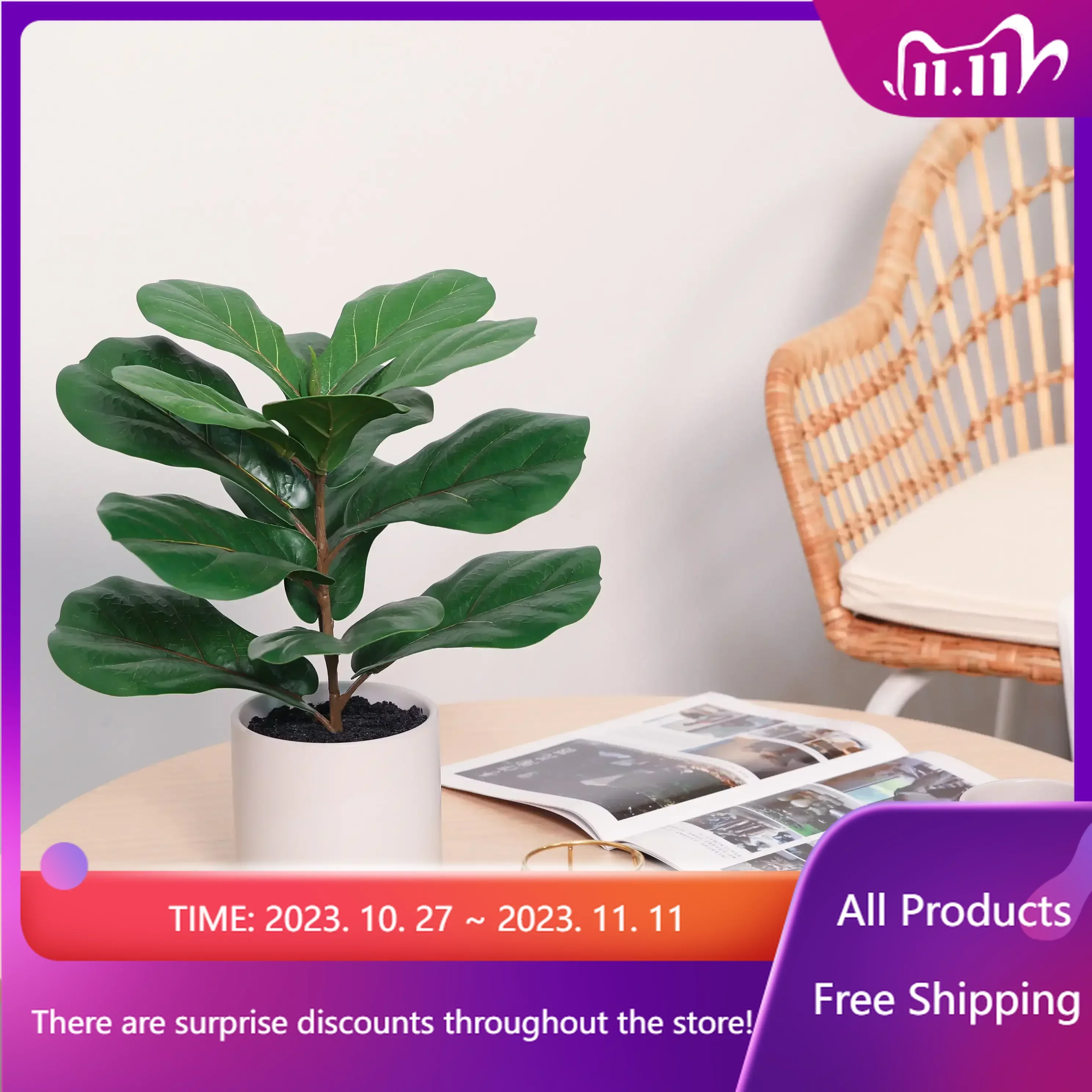 

16.5" Tall Artificial Plant in Green Color, Potted Plant Fiddle Tree in White Ceramic Pot Fast Transportation Sales Promotion