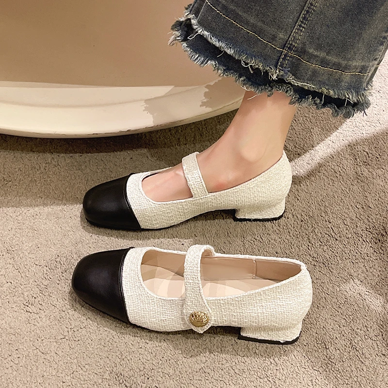 

Туфли женские на низком каблуке, базовая обувь из искусственной кожи, хлопок, резина, закрытый носок, Туфли Мэри Джейн, лето 2023